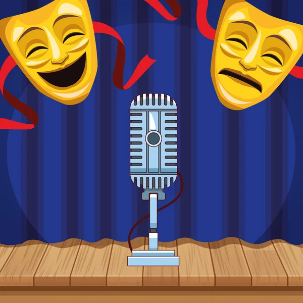 Máscaras teatrales micrófono cortina piso de madera de pie espectáculo de comedia — Vector de stock