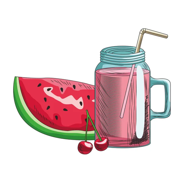Vattenmelon, körsbär och smoothie dryck, färgglad design — Stock vektor