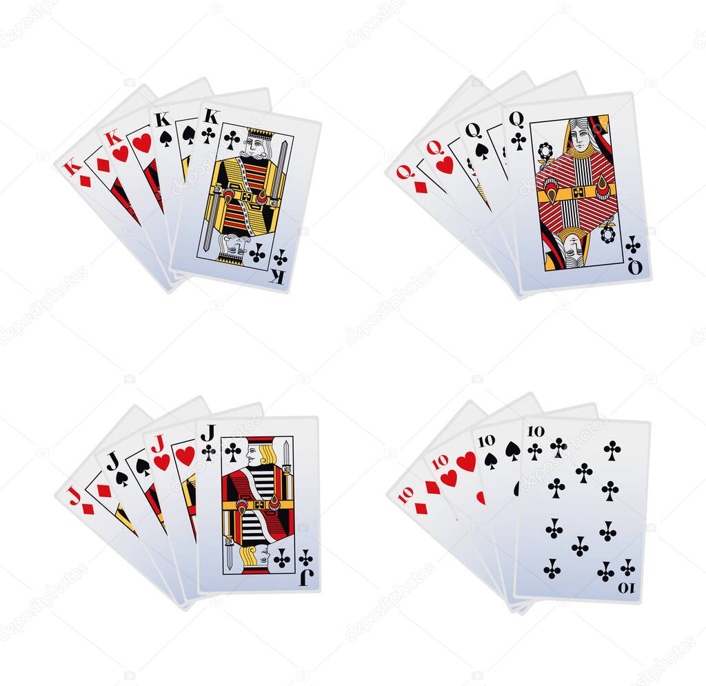 Some winnings combinations of playing cards icon set over white background, vector illustration