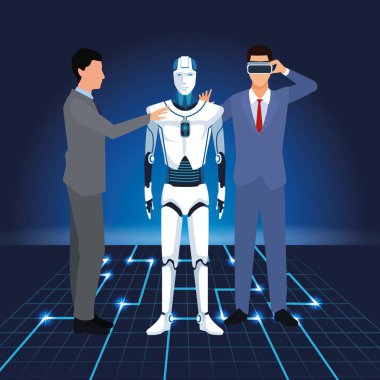 VR gözlüklü yapay zeka adamı ve sayborglu adam.