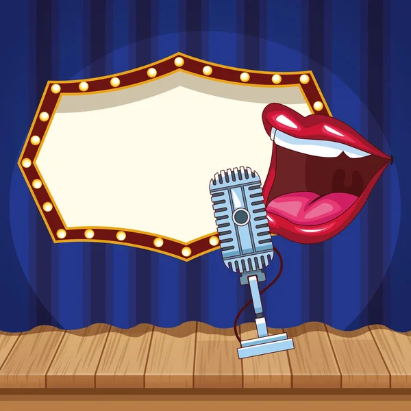 Mouth microphone billboard curtain stage stand up comedy show — Stock Vector