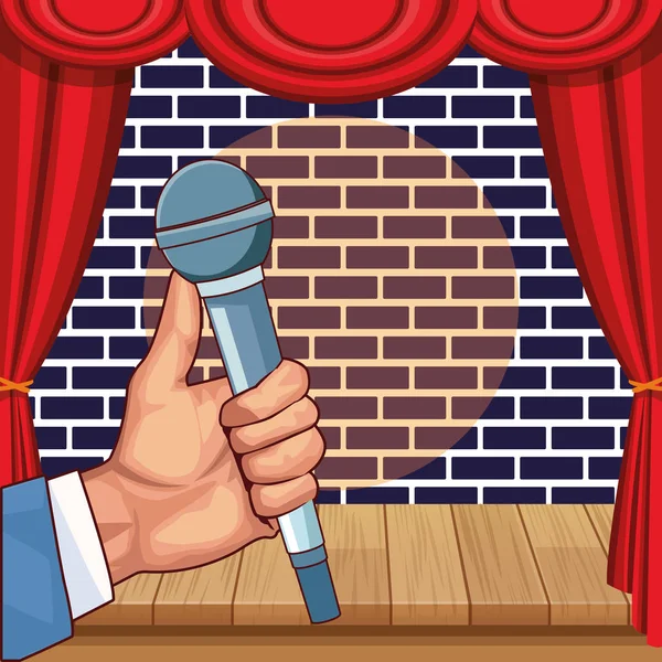 Mão com microfone palco parede tijolo stand up comédia show —  Vetores de Stock