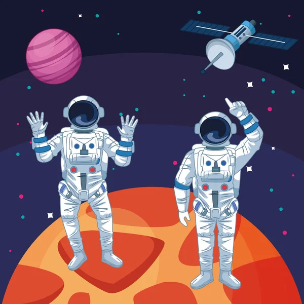 Astronauts waving hands planets satellite space exploration — Stock Vector