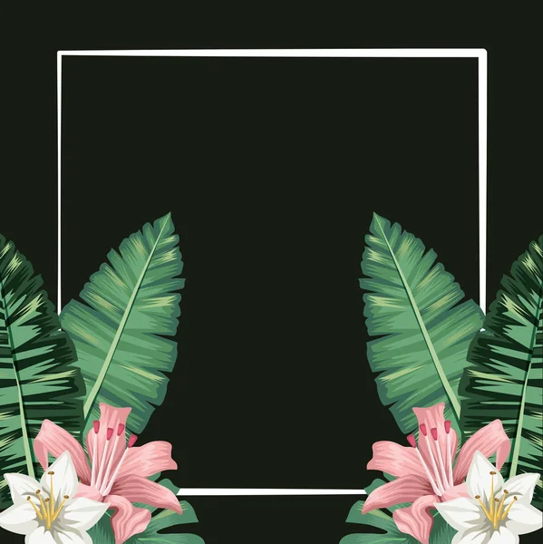 Tropical flowers plants leaves foliage black banner — 스톡 벡터