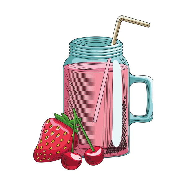 Strawberry and cherries smoothie jar icon — ストックベクタ