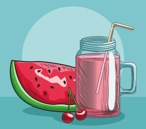 Cereja de melancia de fatia e suco comida de fruto fresca saudável — Vetor de Stock