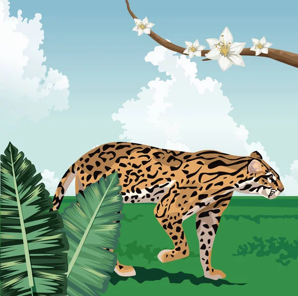 Rama de leopardo con flores fauna tropical y flora paisaje — Vector de stock