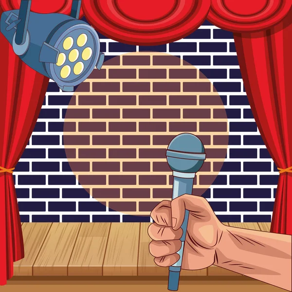 Mano con micrófono proyector pared ladrillo escenario stand up comedy show — Archivo Imágenes Vectoriales