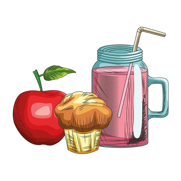 Pote de smoothie com muffin e maçã —  Vetores de Stock