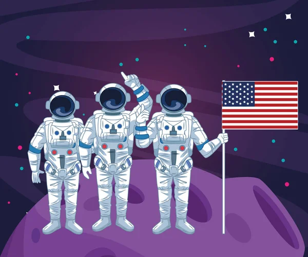 Astronautas equipe bandeira americana na lua galáxia exploração espacial — Vetor de Stock