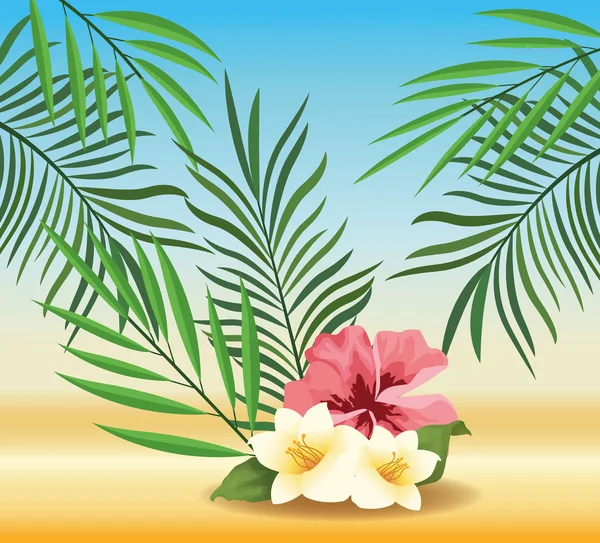 Tiempo de verano en vacaciones de playa exóticas flores follaje arena tropical — Archivo Imágenes Vectoriales