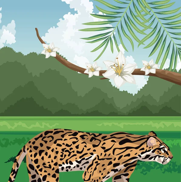 Ramo leopardo com flores fauna tropical e paisagem flora —  Vetores de Stock