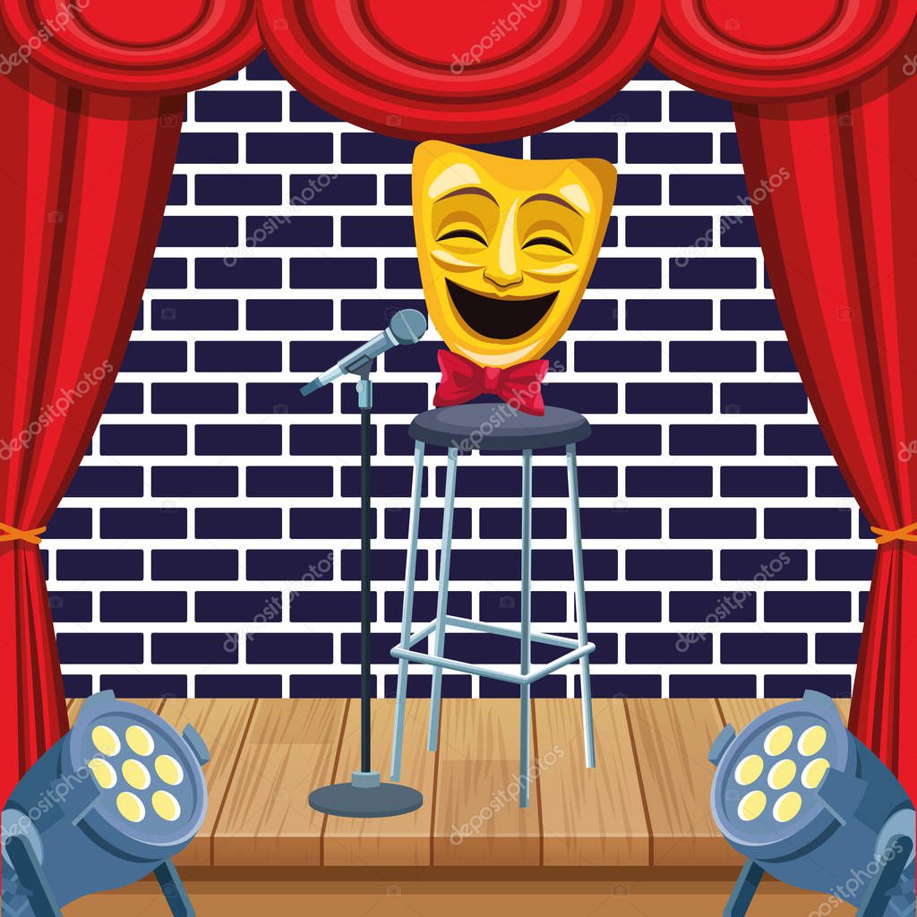 comedy theater mask microphone stool lights wall brick stand up comedy show