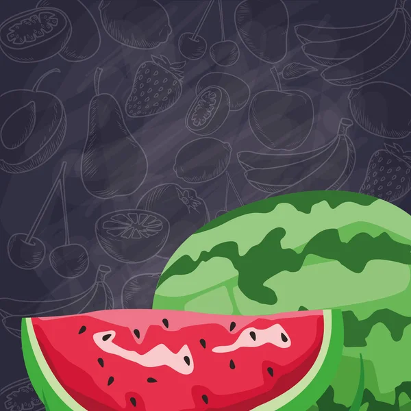 Rebanada de fruta fresca y alimentos enteros de sandía saludable — Vector de stock