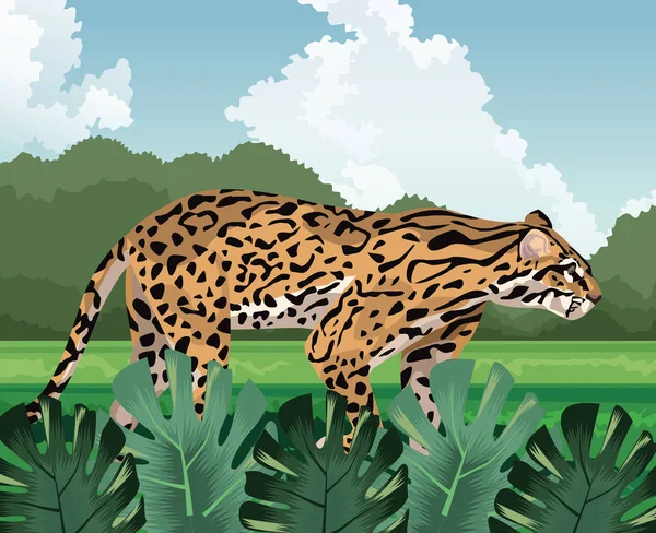 Follaje paseo leopardo fauna tropical y flora paisaje — Vector de stock