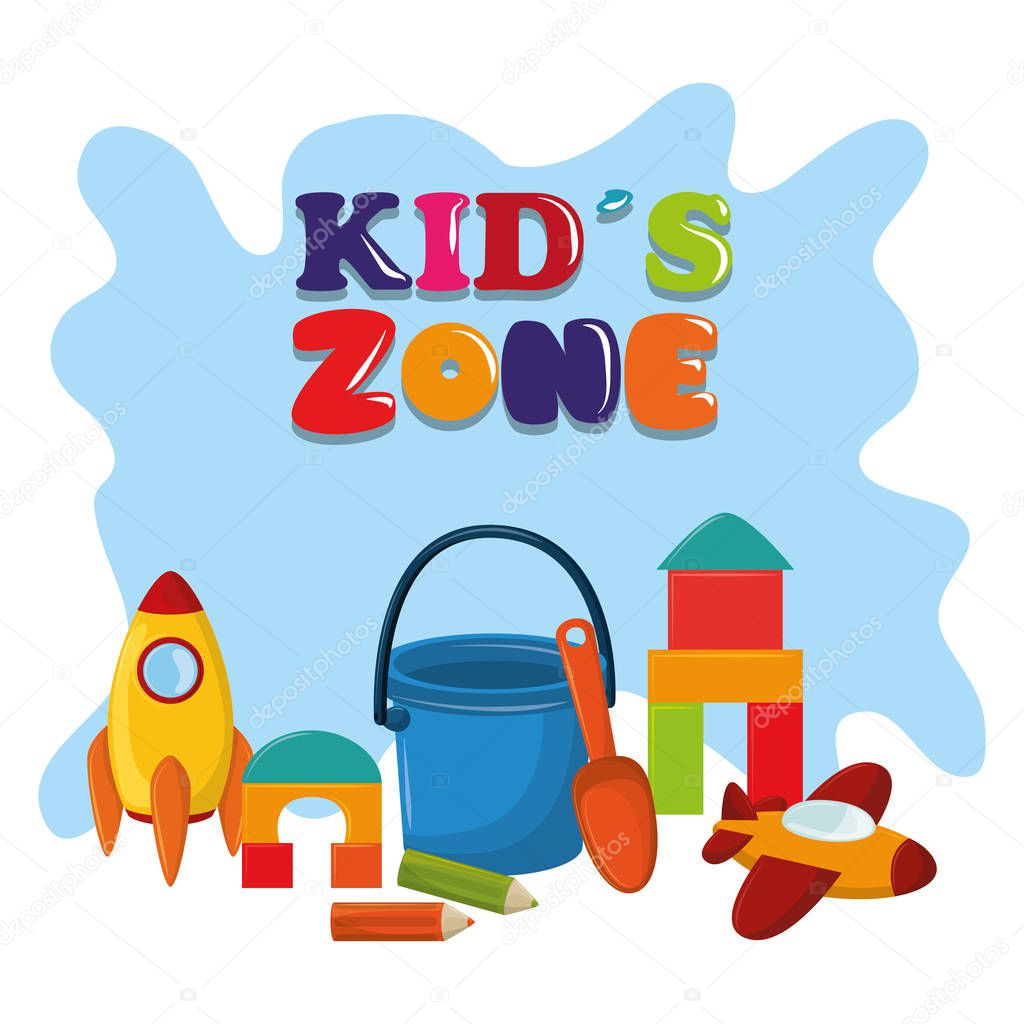 Kids zone children entertaiment with toys rocket, sand bucket with slove, plane, lego pieces and crayons icon cartoon vector illustration graphic design