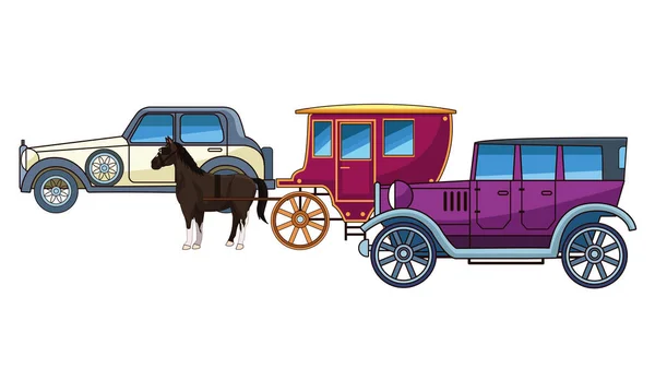 Vehículos de coches clásicos y coches de caballos — Vector de stock