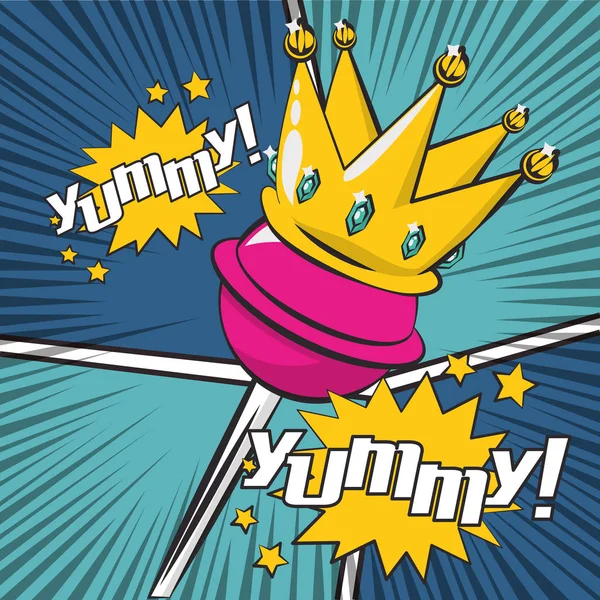 Poster in stile pop art con corona regina e lecca-lecca — Vettoriale Stock