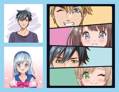 group of faces young people anime style characters
