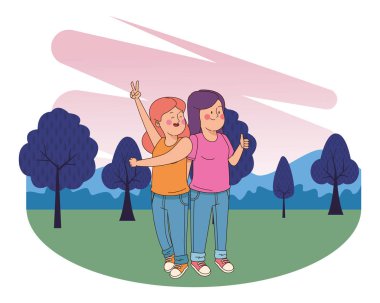 Gençler arkadaşlar gülümseyen ve eğlenceli karikatür sahip