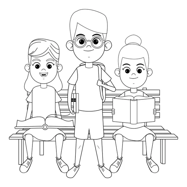 Młode dzieci z książkami na ławce czarno-białe — Wektor stockowy