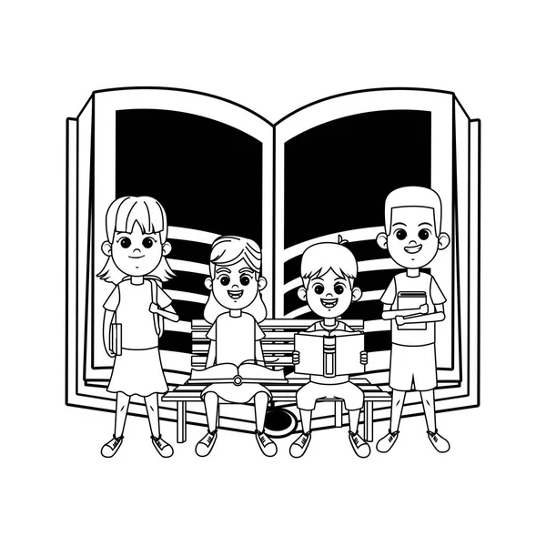 Young kids with books on a bench black and white — Stock Vector