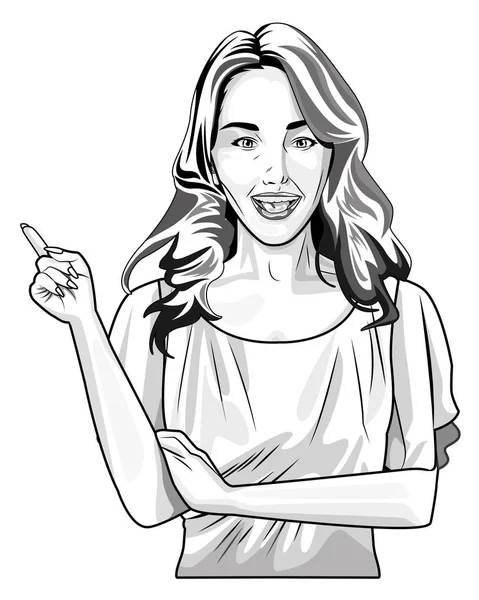 Arte pop hermosa mujer sonriendo dibujos animados en blanco y negro — Vector de stock