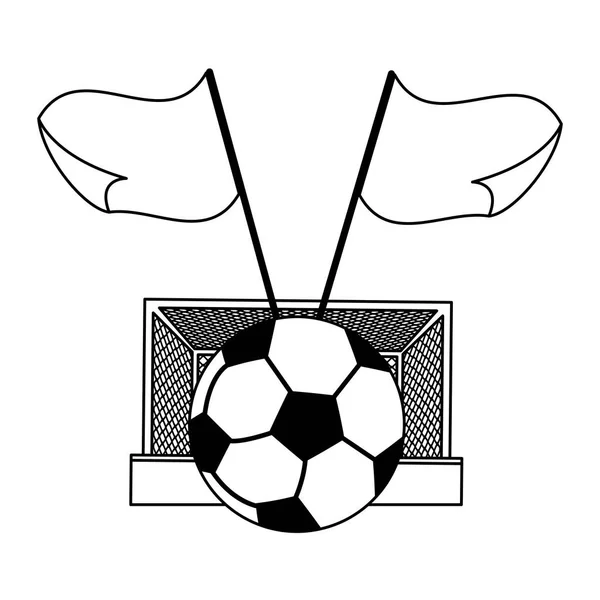 Fotbal s brankovou koulí a vlajkami v černé a bílé — Stockový vektor