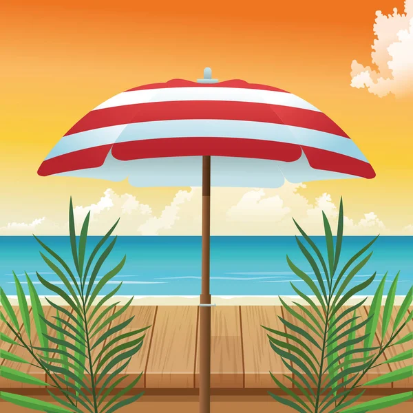 Ora legale in spiaggia vacanze ombrellone foglie tavolo di legno sabbia marina — Vettoriale Stock