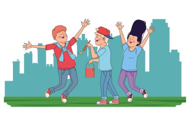 Gençler arkadaşlar gülümseyen ve eğlenceli karikatür sahip