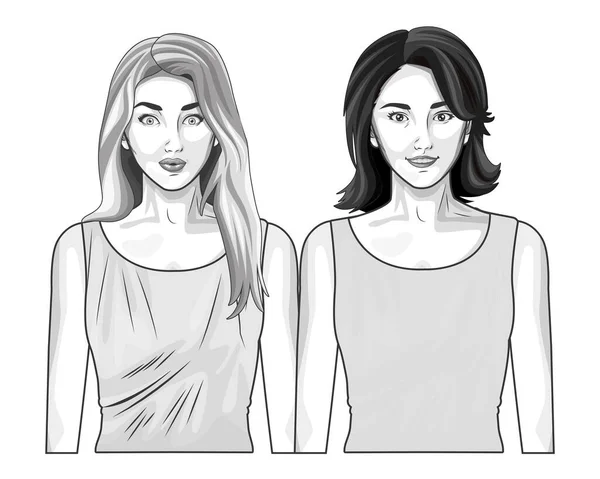 Pop arte mulheres modelos sorrindo desenhos animados em preto e branco —  Vetores de Stock