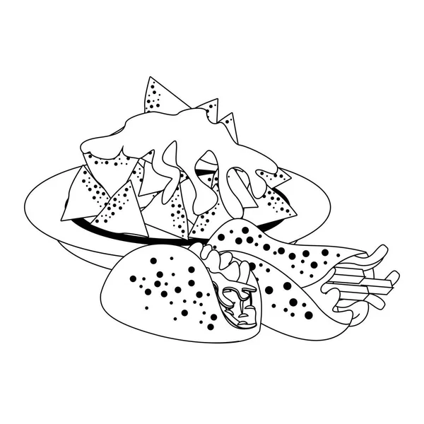Cultura mexicana y alimentos dibujos animados en blanco y negro — Archivo Imágenes Vectoriales
