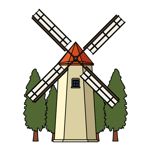 Conception du moulin à vent et des arbres — Image vectorielle