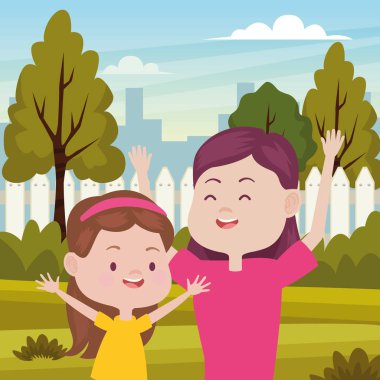 Tarladaki sevimli anne ve kızı.