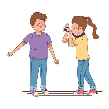 Gençler arkadaşlar gülümseyen ve eğlenceli karikatür sahip