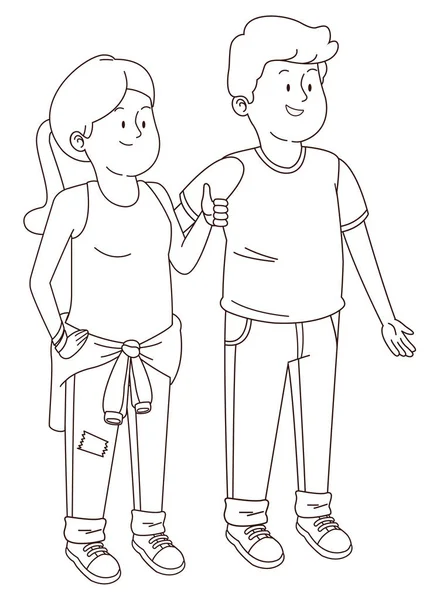 Adolescentes amigos sonriendo y divertirse en blanco y negro — Vector de stock