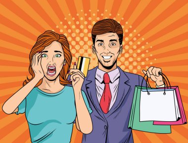 Alışveriş torbaları ve kredi kartı tarzı sanat eserleri olan bir çift.