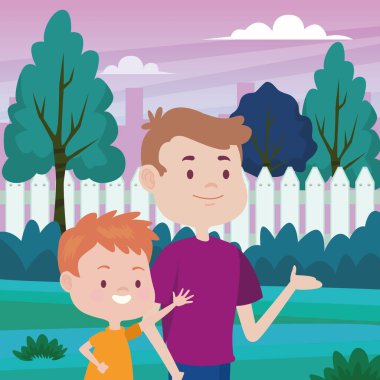 Genç baba ve oğlu tarlada.