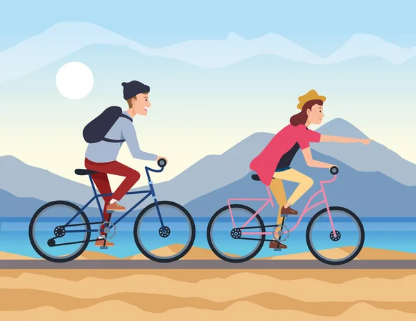 Pareja joven viaja en bicicleta — Vector de stock