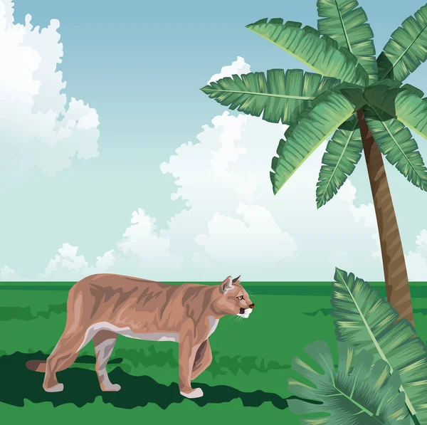 Feline walking palm leaves tropical fauna and flora landscape — 스톡 벡터