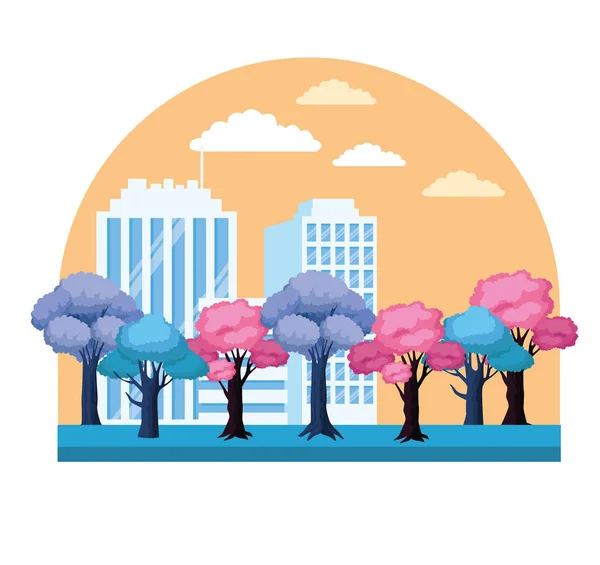 Árvores coloridas e edifícios da cidade paisagem — Vetor de Stock