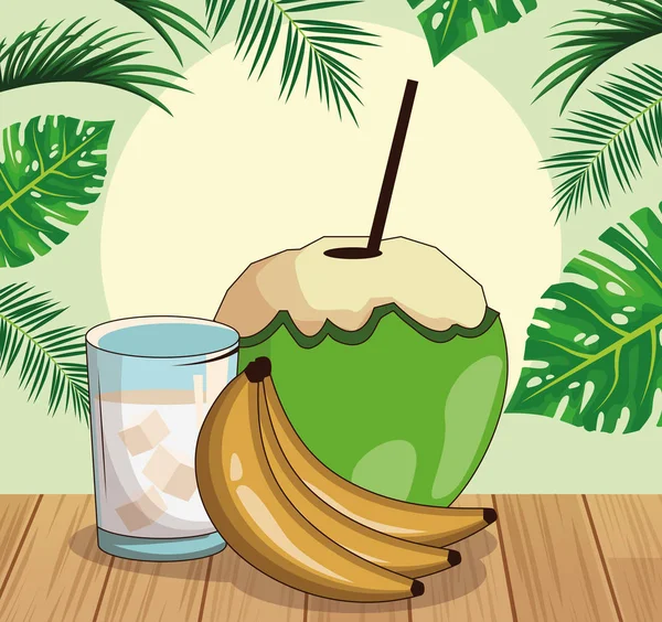 Bebida de coco e bananas sobre folhas tropicais e fundo estilo retro —  Vetores de Stock