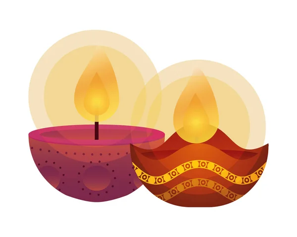 Happy diwali pair candles traditional icons — Stock Vector