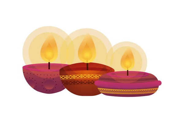 Feliz diwali tres velas iconos tradicionales — Vector de stock