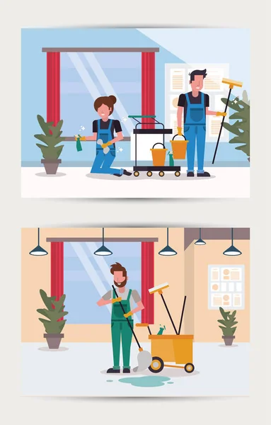 Couple de travailleurs ménage avec de l'équipement — Image vectorielle