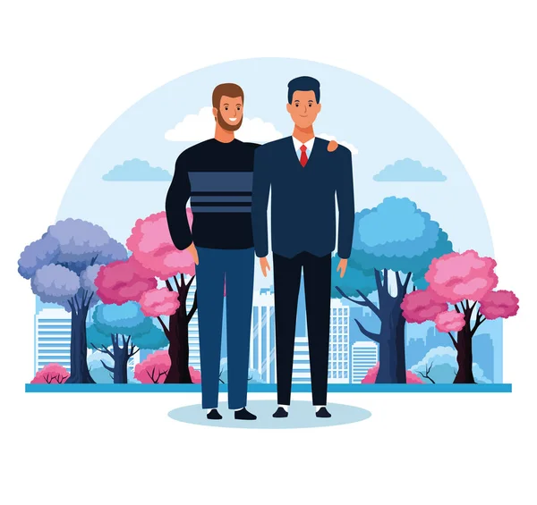 Cartoon men standing over colorful trees, colorful design — Stock Vector