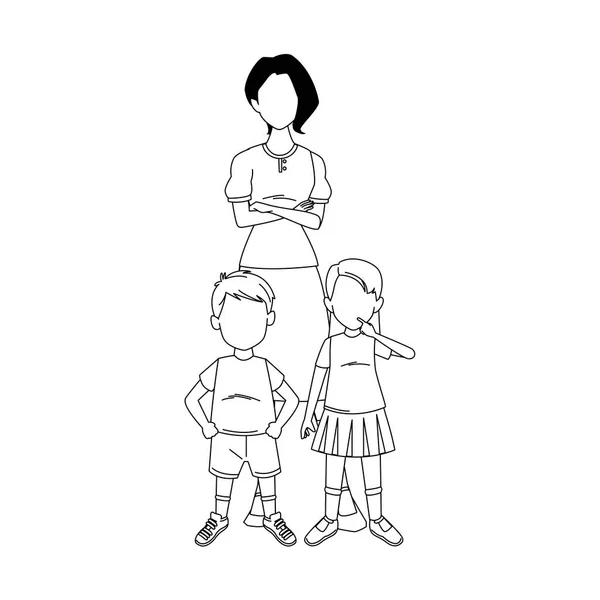 Mujer con niño y niña de pie — Vector de stock