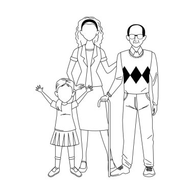 Yaşlı adam, kadın ve küçük kız ayakta ikon, düz tasarım