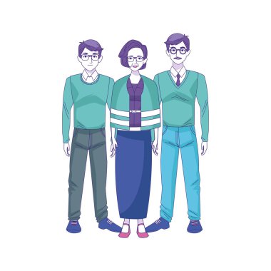 İki adam ve yaşlı kadın ayakta, renkli tasarım.