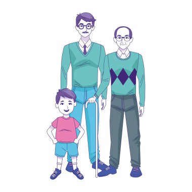 Yaşlı adam, adam ve çocuk ayakta, düz tasarım.